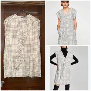 NWOT Size Large Zara black white tweed raw edge sleeveless dress with ruffles